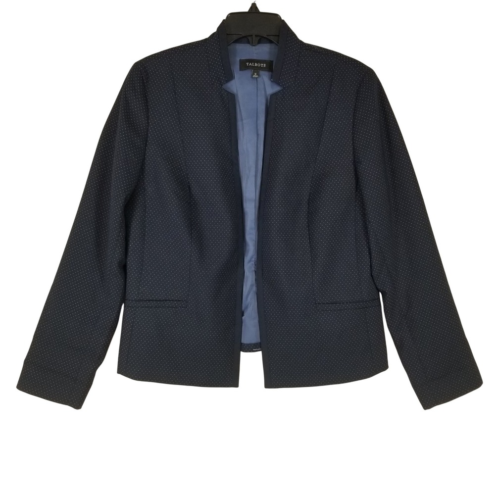 Talbots Womens Navy Blue Pin Dot Wool Blend Open Front Blazer Jacket Size 12